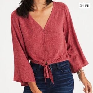American Eagle Women’s SZ L Crop Blouse Dusty Rose White Polka Dot 3/4 Sleeve